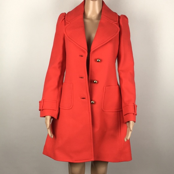 Kate Spade Coral Red Single Breasted Wool Peacoat . Size-2 . Pristine Condition!